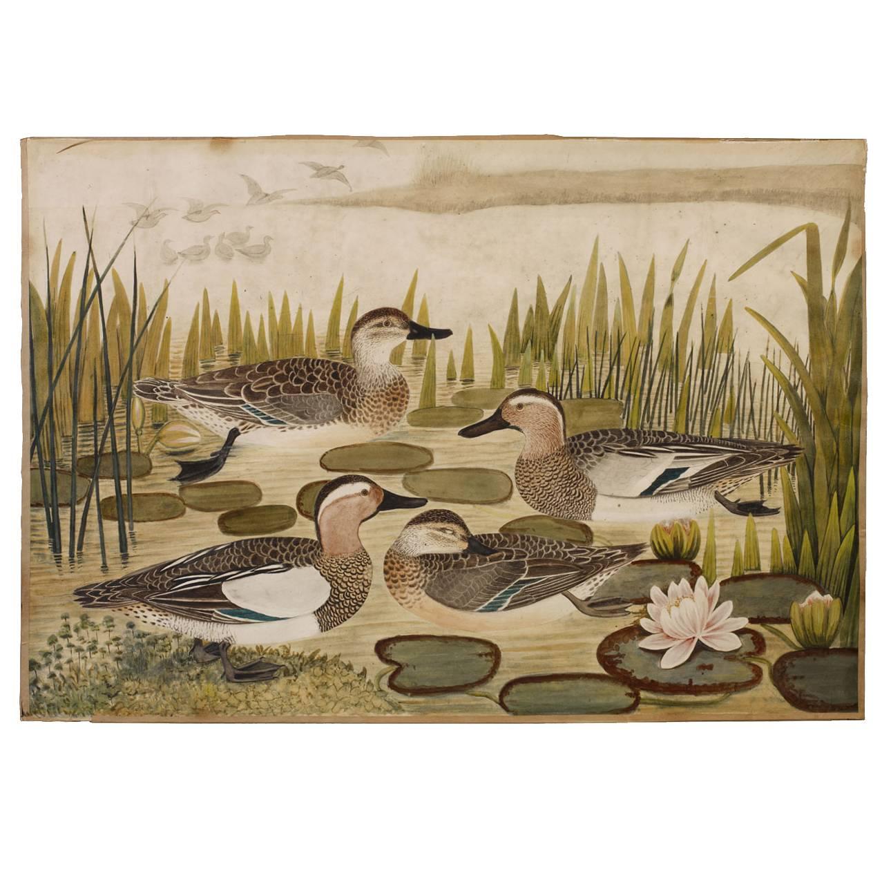 Painting of Ducks on a Pond with Lily Pads For Sale