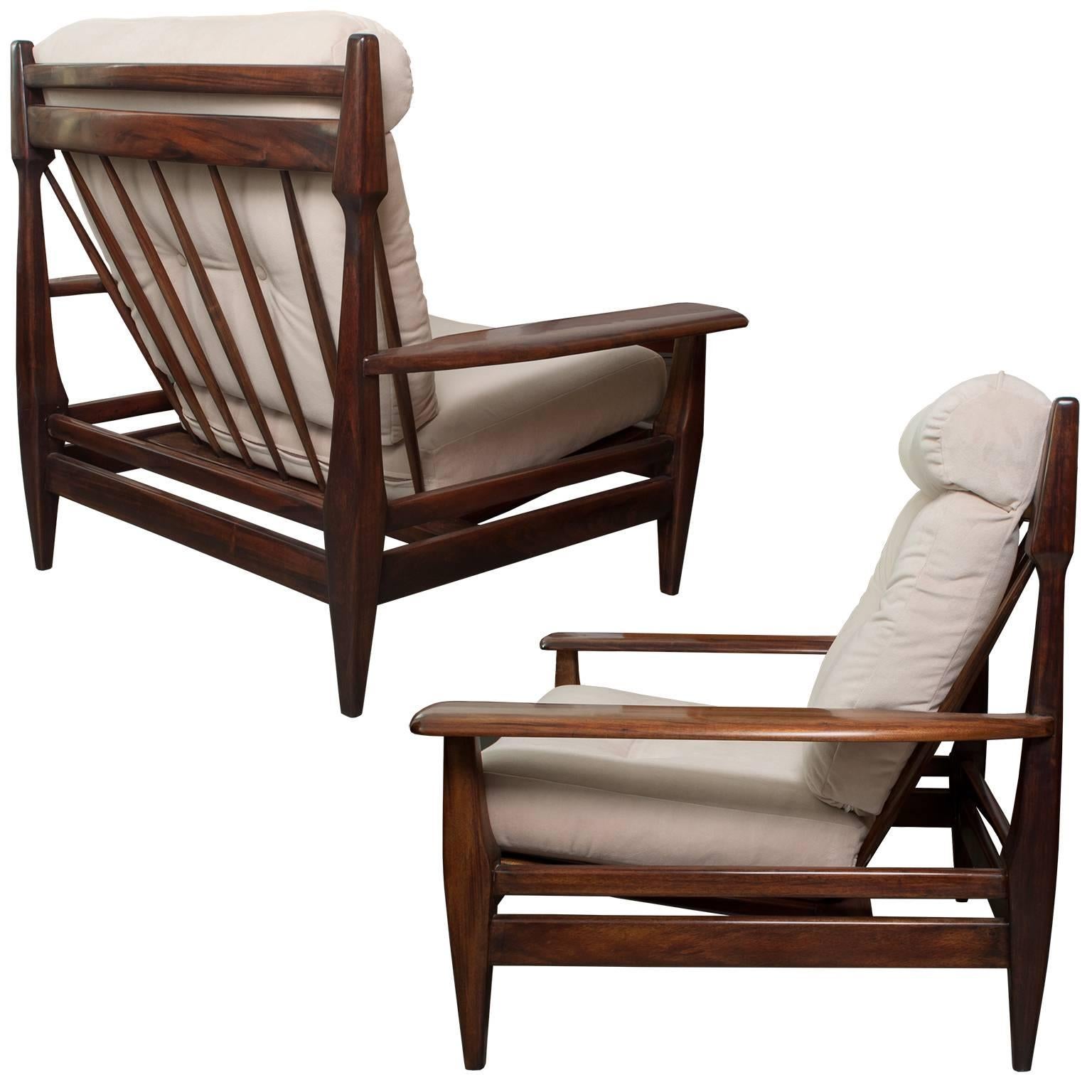 Pair of Large Mid-Century Modern Brazilian Carved Solid Rosewood Lounge Chairs