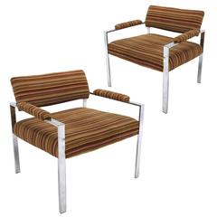 Pair of Wide Seat Striped Velvet Lounge Chairs in the Manner of Milo Baughman