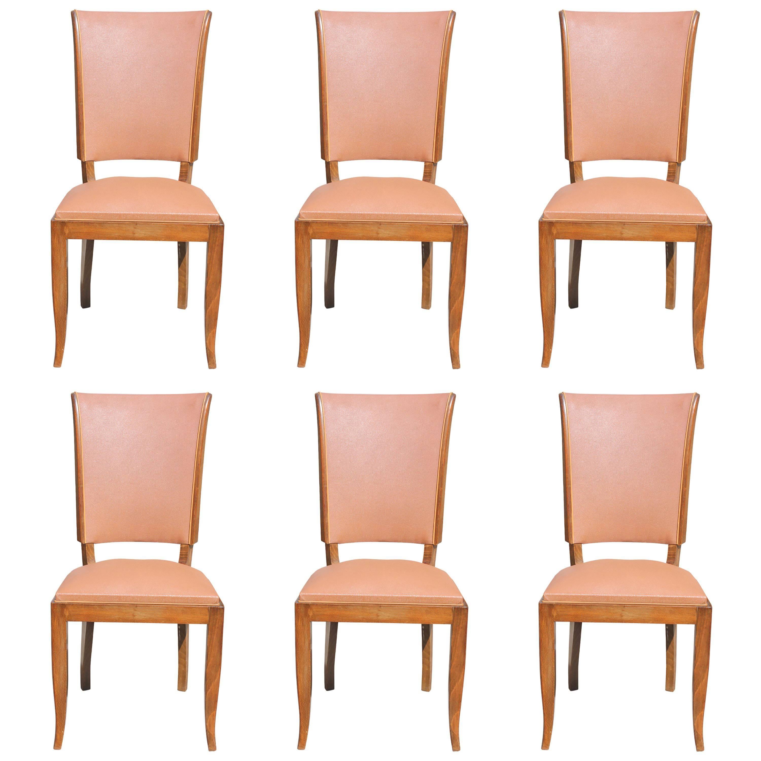 Suite of Six French Art Deco Classic Mahogany Dining Chairs, circa 1940s