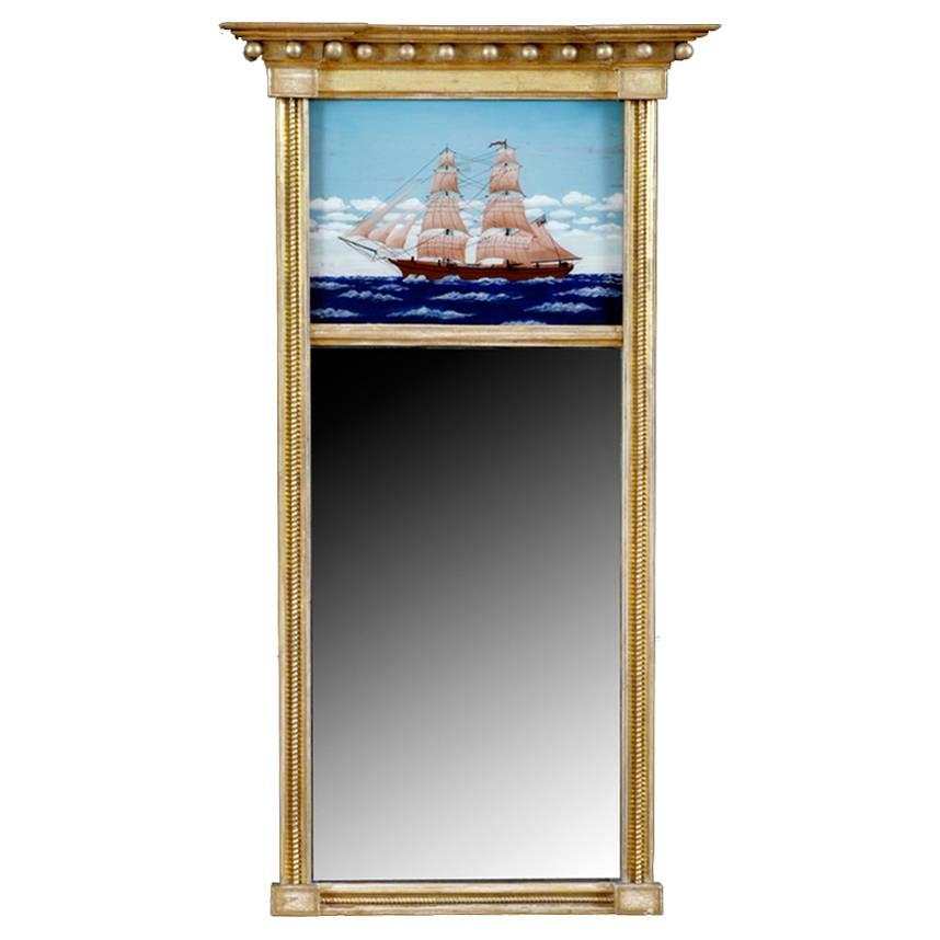 American Federal Gold Leaf Mirror with Reverse-Glass Painting of Schooner
