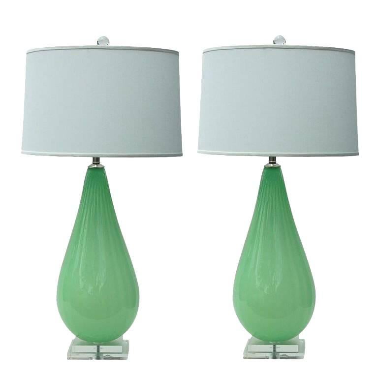 Green Handblown Glass Table Lamps by Joe Cariati For Sale