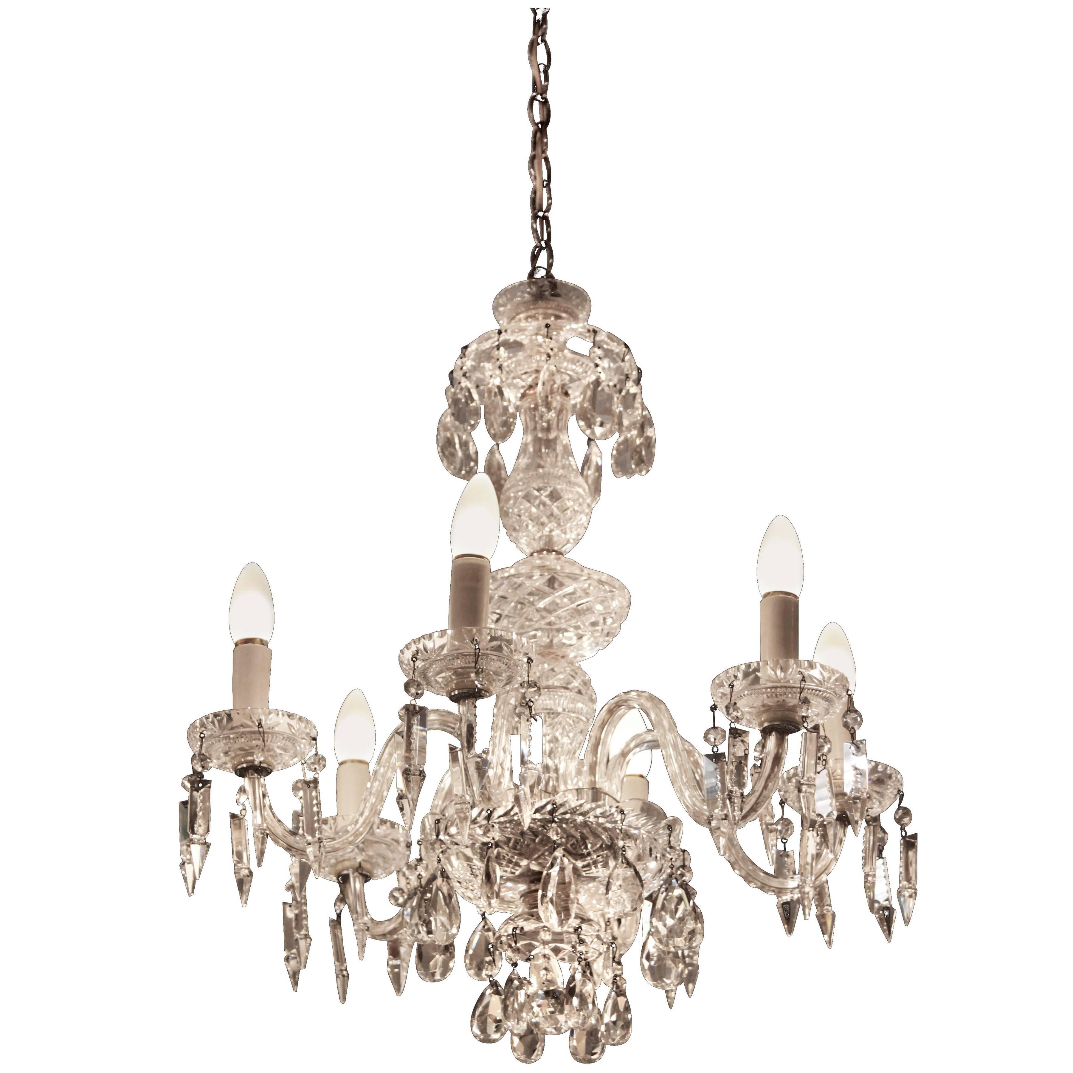 1940s Six-Light Crystal Chandelier with Cut and Etched Crystals