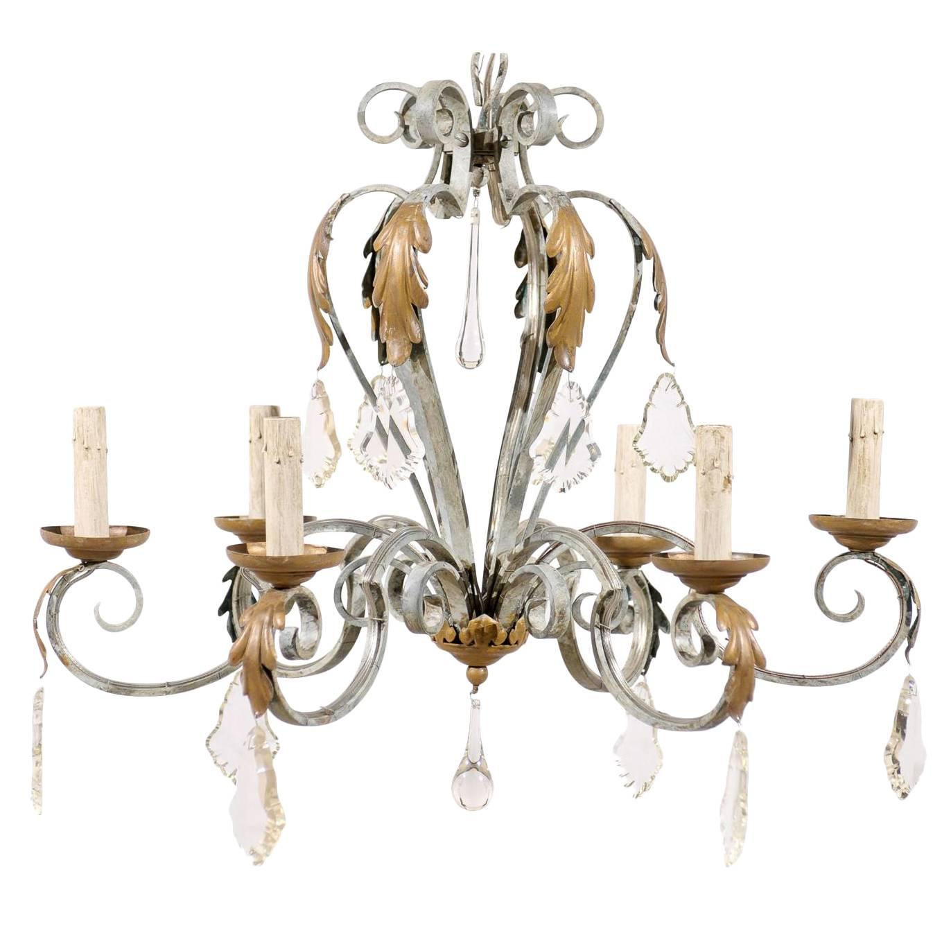 Vintage French Six-Light Painted Iron and Crystal Chandelier