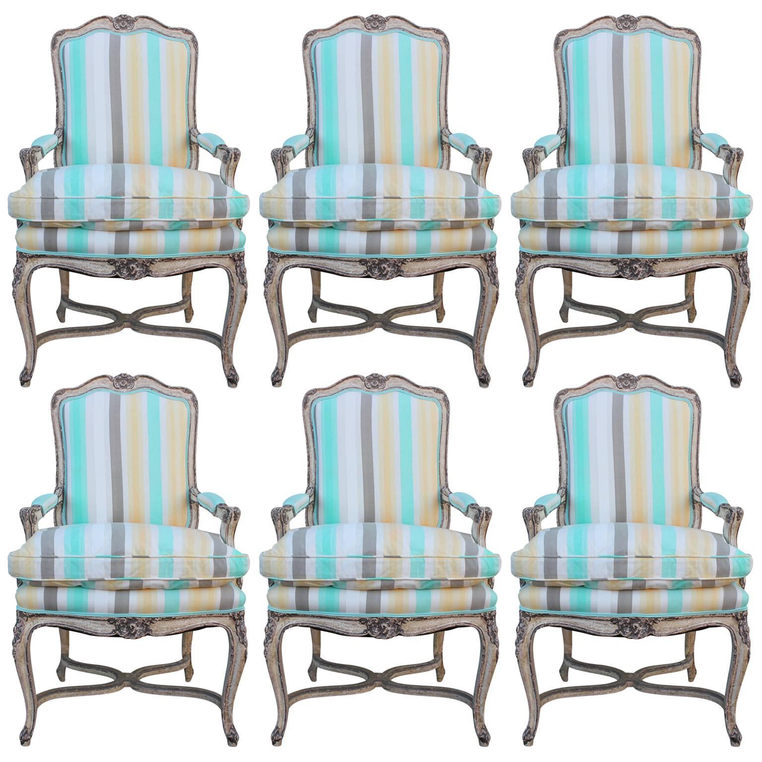 Set of Six French Louis XV Style Stretcher Base Dining Chairs in Striped Linen