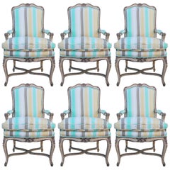 Set of Six French Louis XV Style Stretcher Base Dining Chairs in Striped Linen