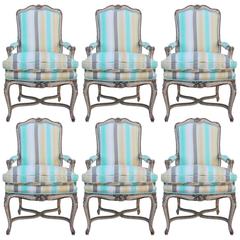 Set of Six French Louis XV Style Stretcher Base Dining Chairs in Striped Linen
