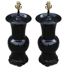 Fabulous Pair of Hollywood Regency Urn Shaped Black Chinese Lamps