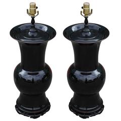 Fabulous Pair of Hollywood Regency Urn Shaped Black Chinese Lamps 7