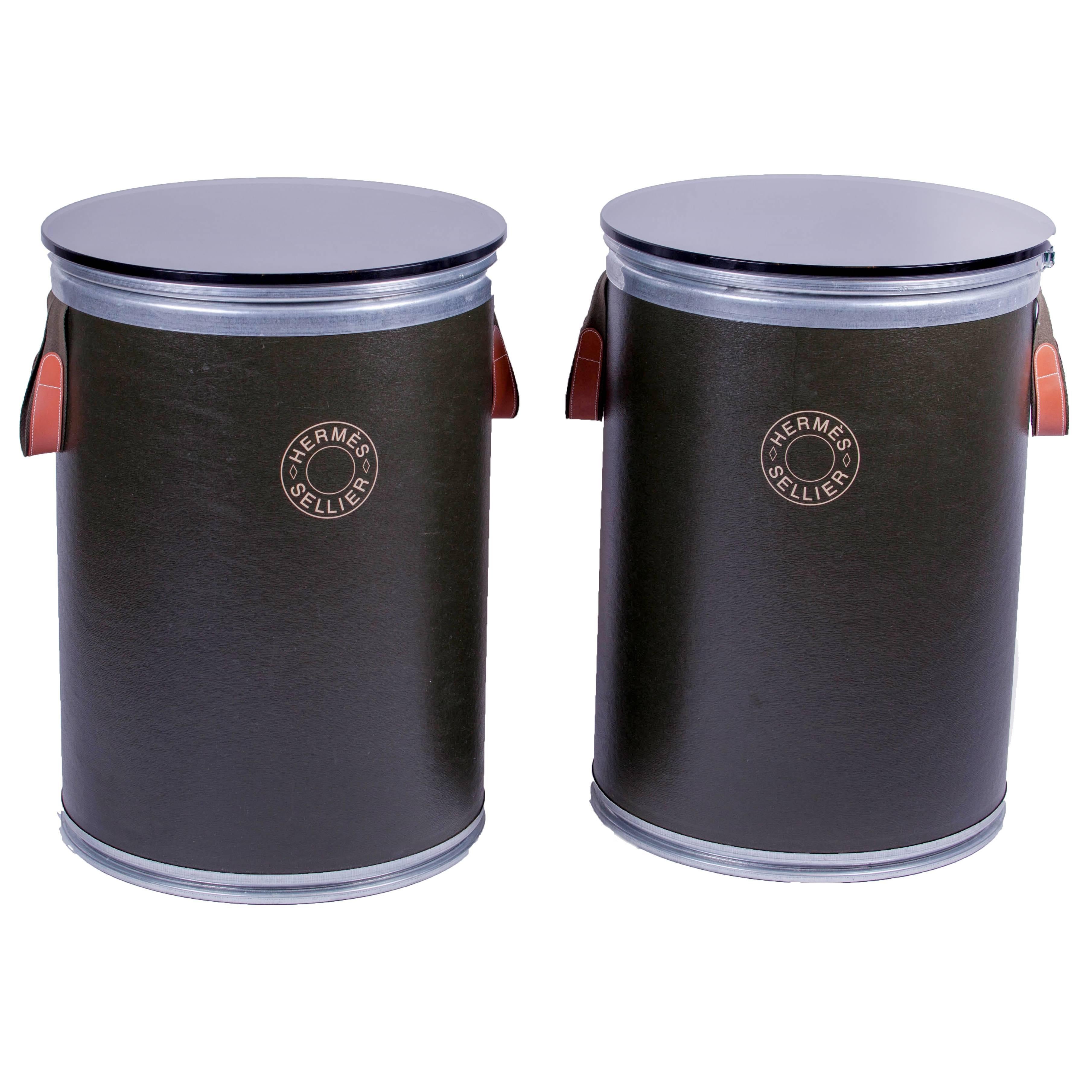 Creative Pair of Circular Side "Saddle-Holder" Side Tables by Hermes