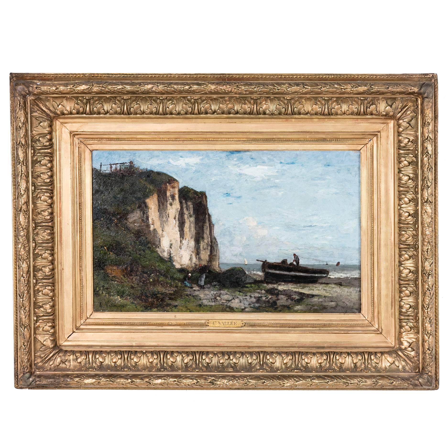 19th Century Oil on Canvas Cliffside Seascape by Etienne Vallee in Museum Frame
