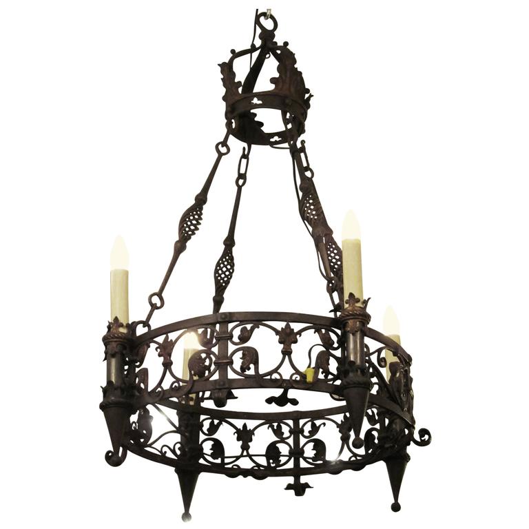 1920s Wrought Iron Four Light Chandelier With Spirals And Hand 1920s Wrought Iron Four Light Chandelier With Spirals And Hand Tooled Designs For
