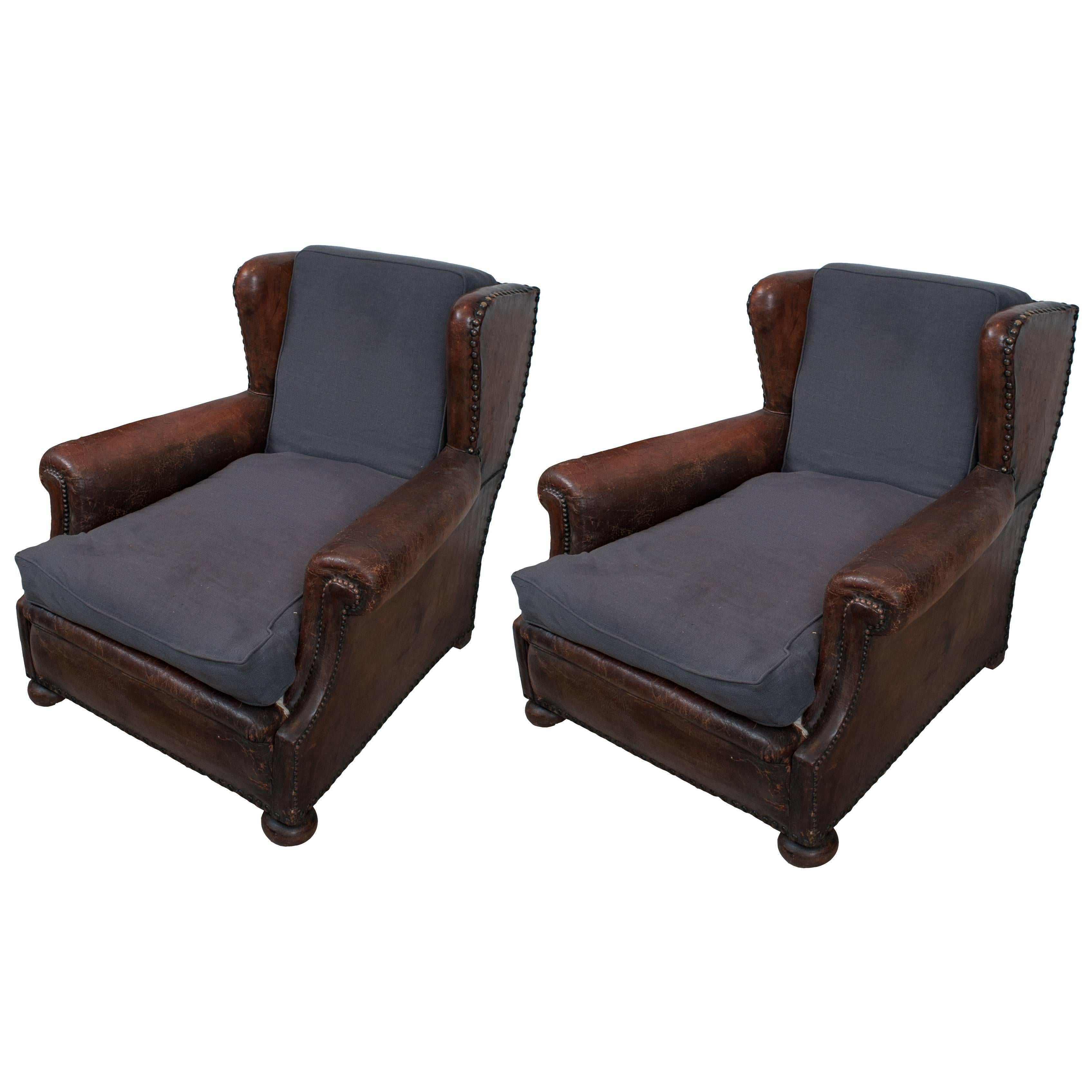 Pair of Brown Leather and Blue Linen Seat and Back Cushions Club Chairs
