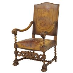 Rare Carved French Walnut and Leather Coat of Arms Armchair