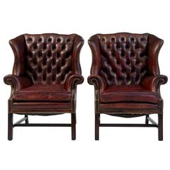 Vintage Pair of 20th Century Leather Wing Back Armchairs