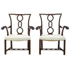Unusual Pair of 19th Century Carved Mahogany English Armchairs