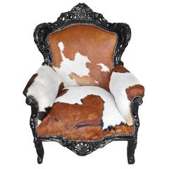 Vintage French Armchair, French Louis XV Bergere Style Armchair in Cow Hide Leather