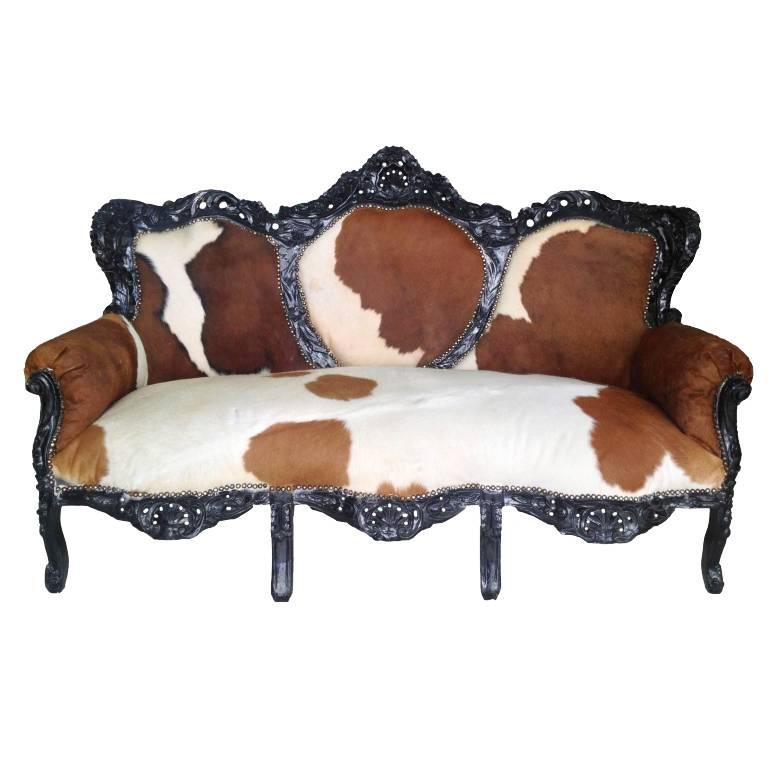 French Sofa, French Louis XV Style Sofa in Cow Hide  For Sale