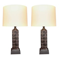 Pair of "Chess" Lamps of Steel, Wood and Linen