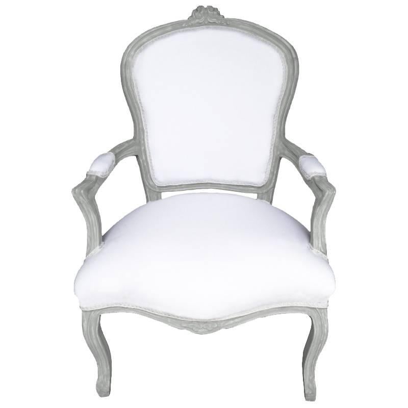 French Louis XV Farmhouse Style Armchair in White Linen For Sale