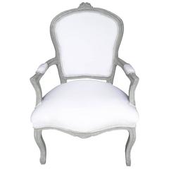 French Louis XV Farmhouse Style Armchair in White Linen