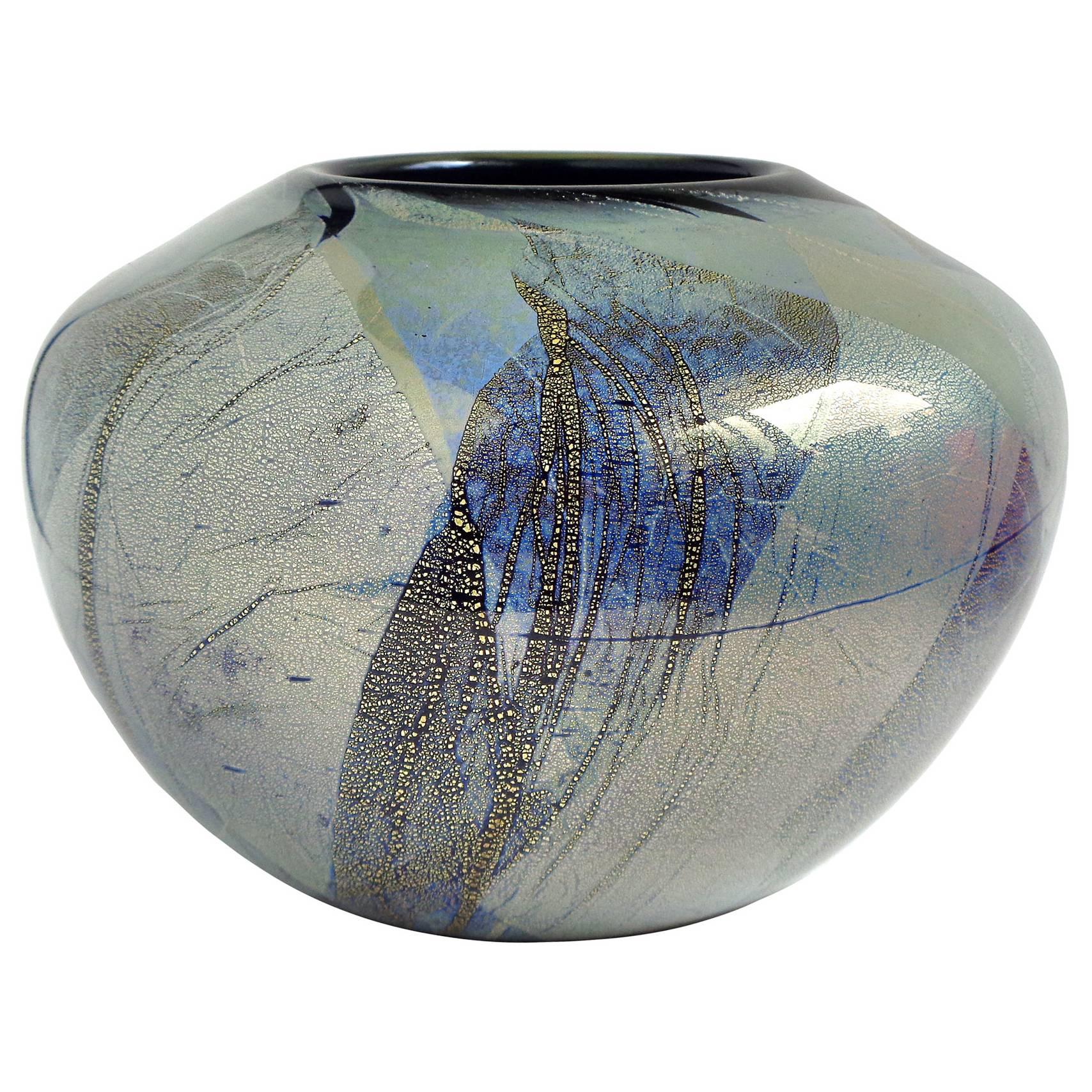 Garry Nash Signed Black, Gold and Silver Leaf High Gloss Art Glass Flower Vase