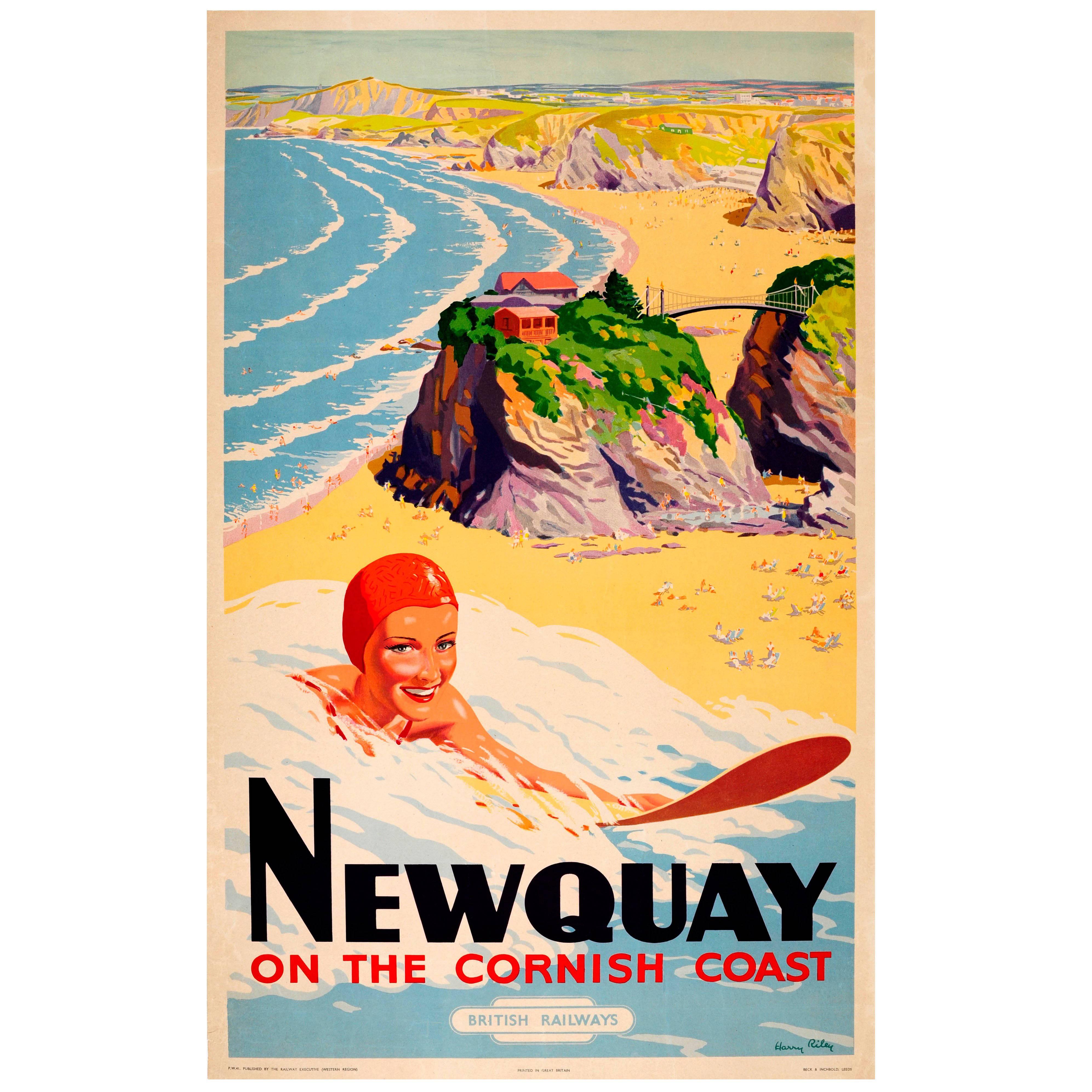 Original Cornwall Surfing Poster - Newquay on the Cornish Coast British Railways