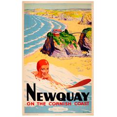 Vintage Original Cornwall Surfing Poster - Newquay on the Cornish Coast British Railways