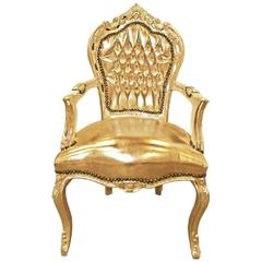 French Armchair, French Louis XV Style Armchair in Gold Leather with Crystals 