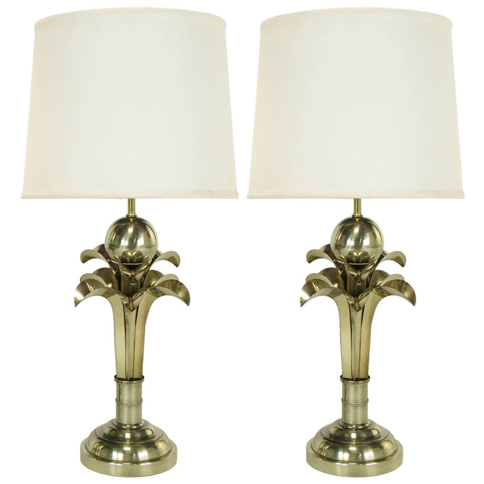 Pair of Hart Associates Art Deco Gold Metal Palm Tree Table Lamps For Sale
