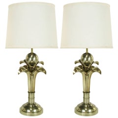 Pair of Art Deco Revival Gold Metal Palm Tree Table Lamps