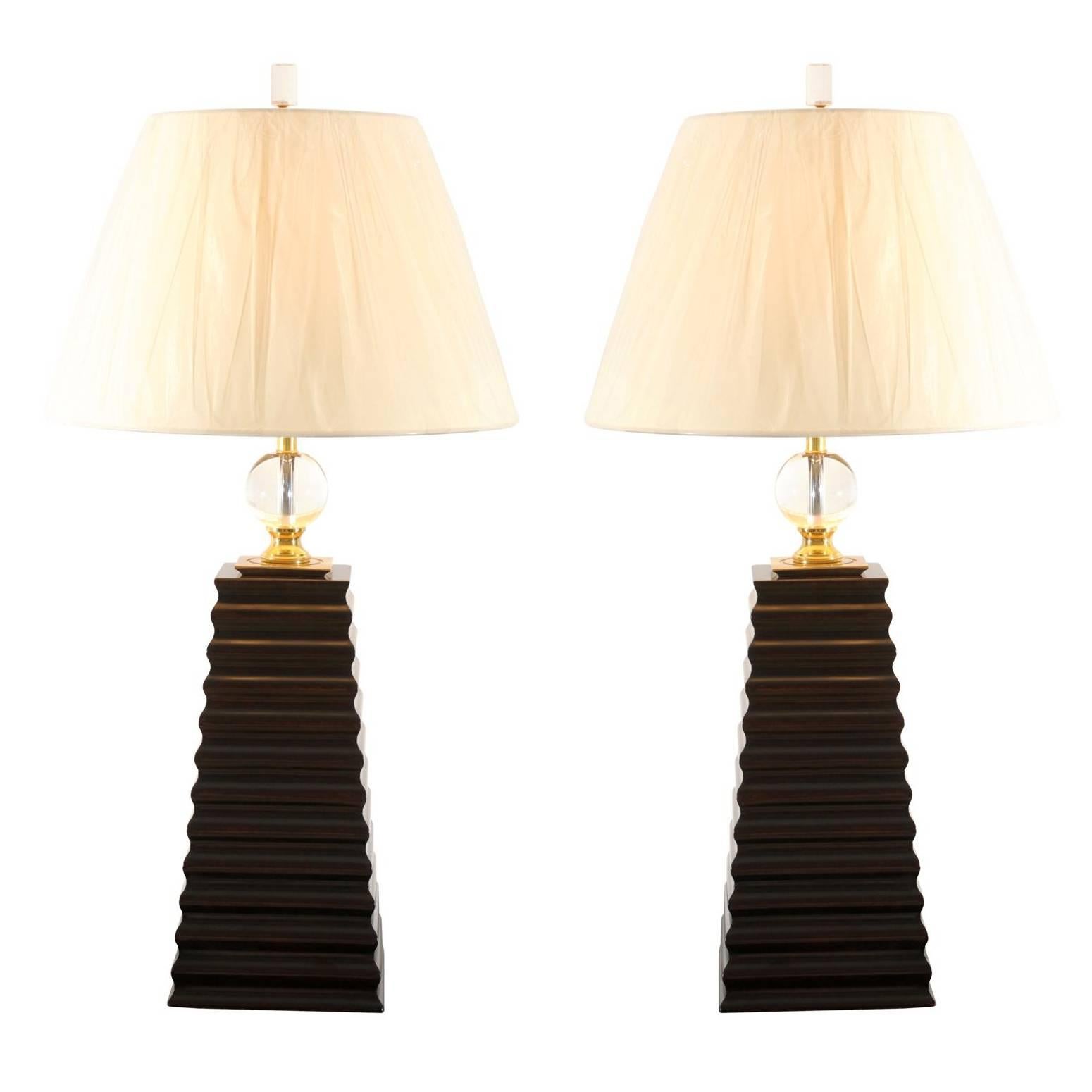 Pair of Fluted Obelisk Lamps with Brass and Crystal Accents