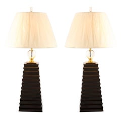 Pair of Fluted Obelisk Lamps with Brass and Crystal Accents