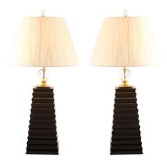 Pair of Fluted Obelisk Lamps with Brass and Crystal Accents 5