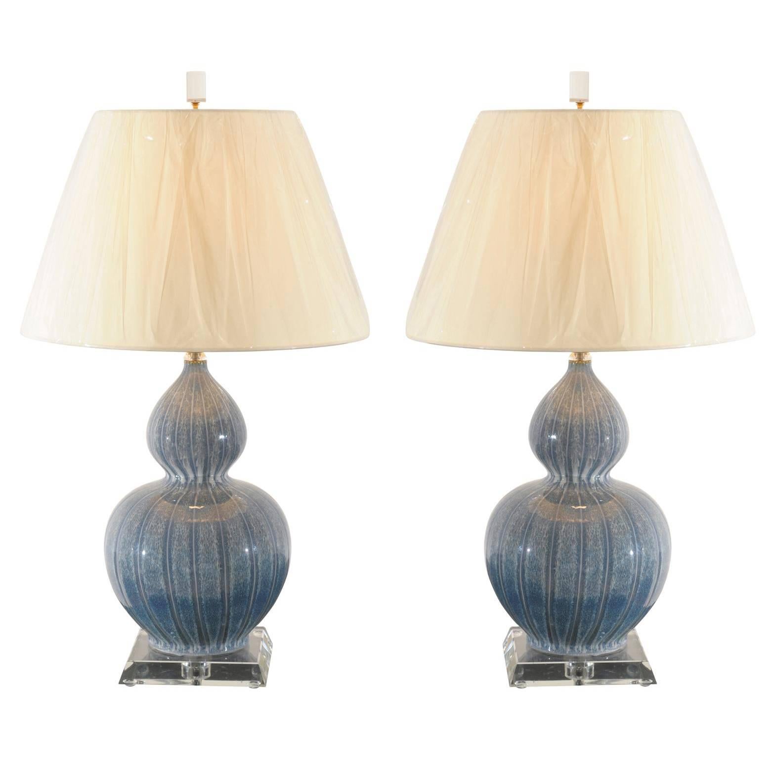 Sophisticated Pair of Ceramic Drip Glaze Lamps with Lucite and Brass Accents