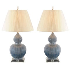Sophisticated Pair of Ceramic Drip Glaze Lamps with Lucite and Brass Accents