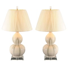 Pair of Ceramic Gourd Lamps in Cream and Celadon