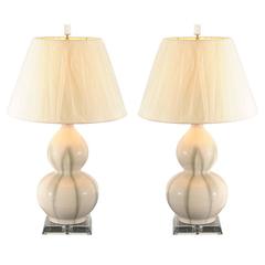 Pair of Ceramic Gourd Lamps in Cream and Celadon 12