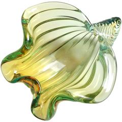 Barbini Murano Sommerso Yellow Green Italian Art Glass Conch Shell Bowl