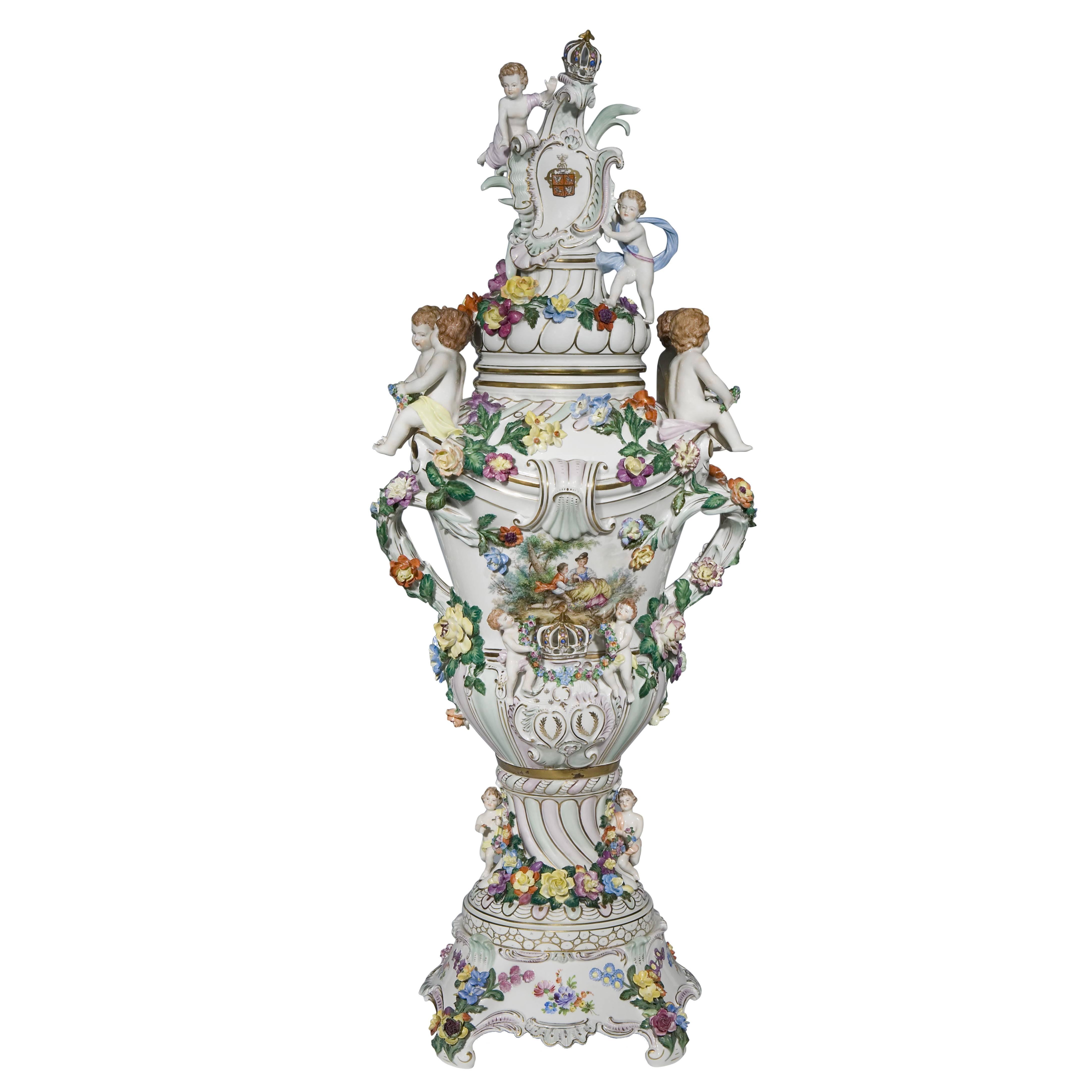 Very Large and Impressive Dresden Porcelain Vase and Cover