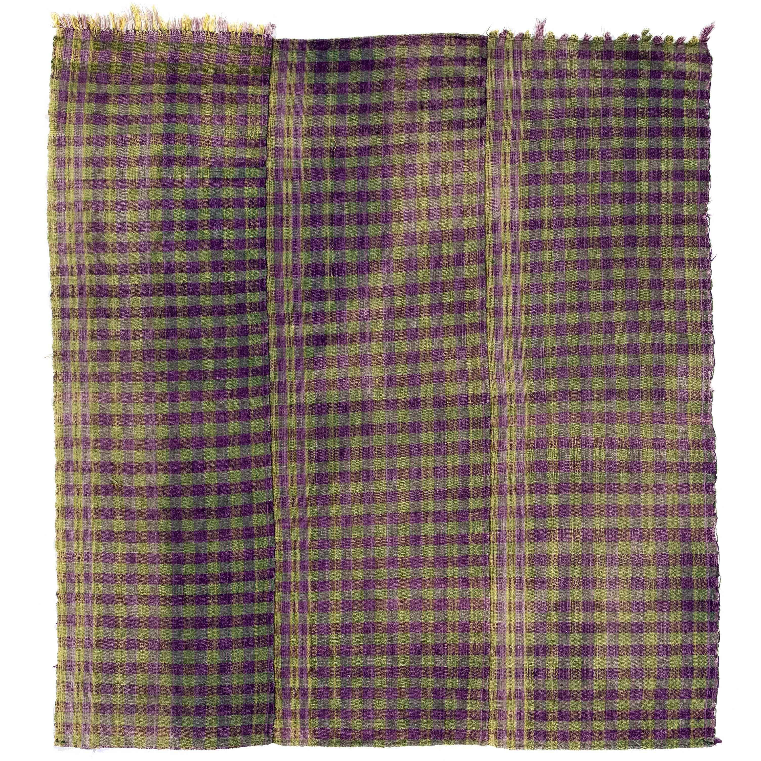 Vintage Chequered Turkish Kilim, Purple and Citrus Green Color