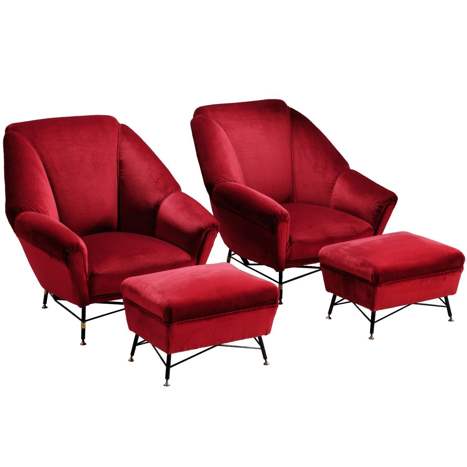 Italien Red Velvet Lounge Chair with Accompanying Ottoman