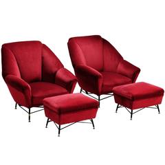 Italien Red Velvet Lounge Chair with Accompanying Ottoman