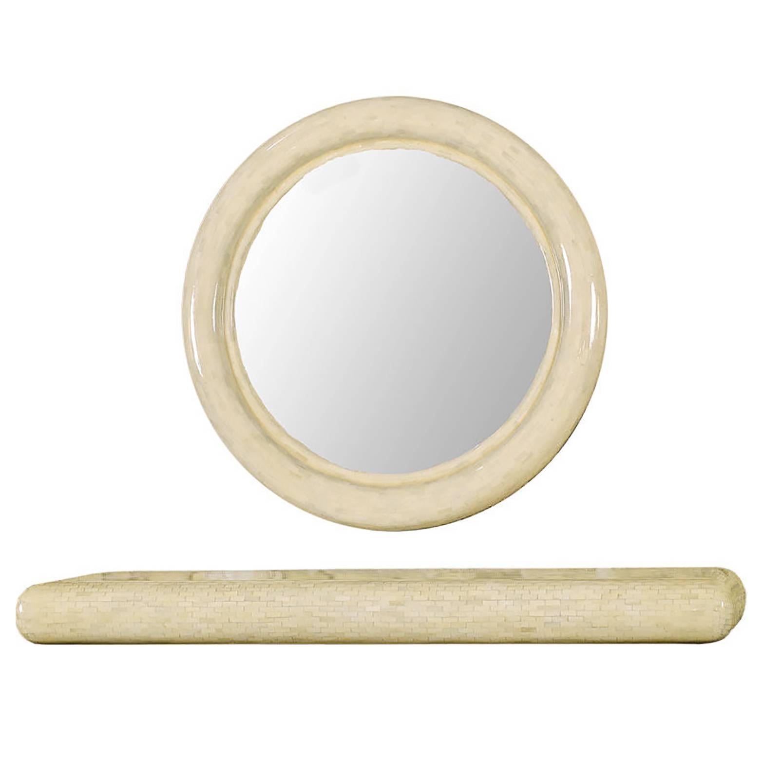 Round Tessellated Bone Mirror with Wall Mounted Console Table For Sale