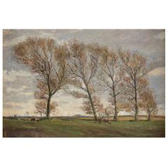 Landscape of Windswept Trees,  Small Oil Painting by Aksel Lassen, Dated 1910