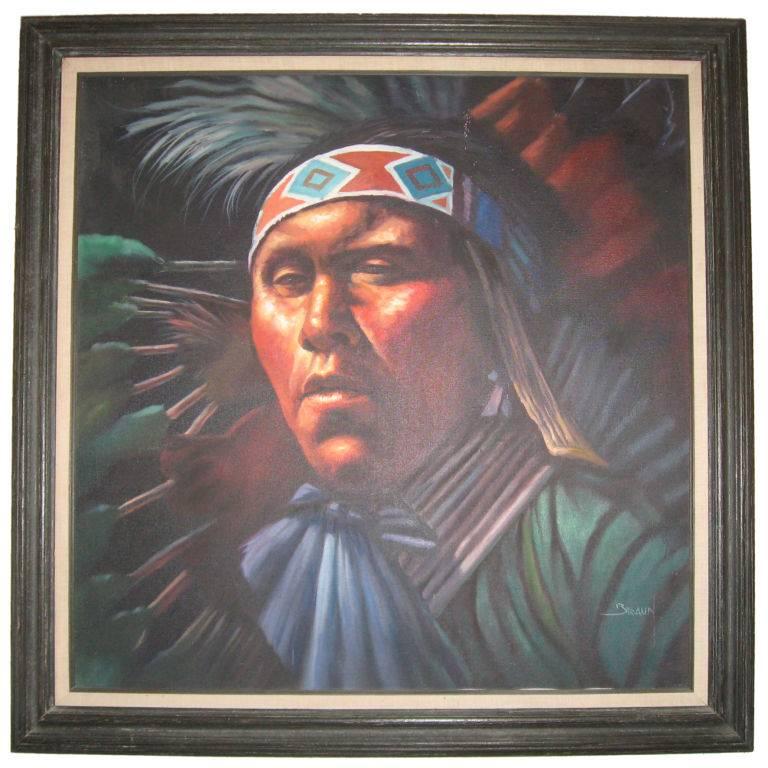 Impressive Native American Oil  Painting by Braun 51x43
