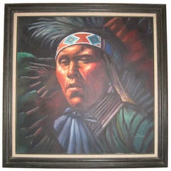 Antique Impressive Native American Oil  Painting by Braun 51x43