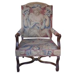 18th Century French Louis XV Fauteuil Chair with 17th Century Flemish Upholstery