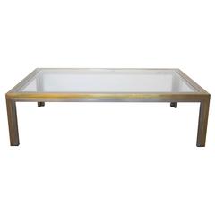 Stylish French 1970s Brass and Brushed Steel Coffee Table by Guy Lefevre