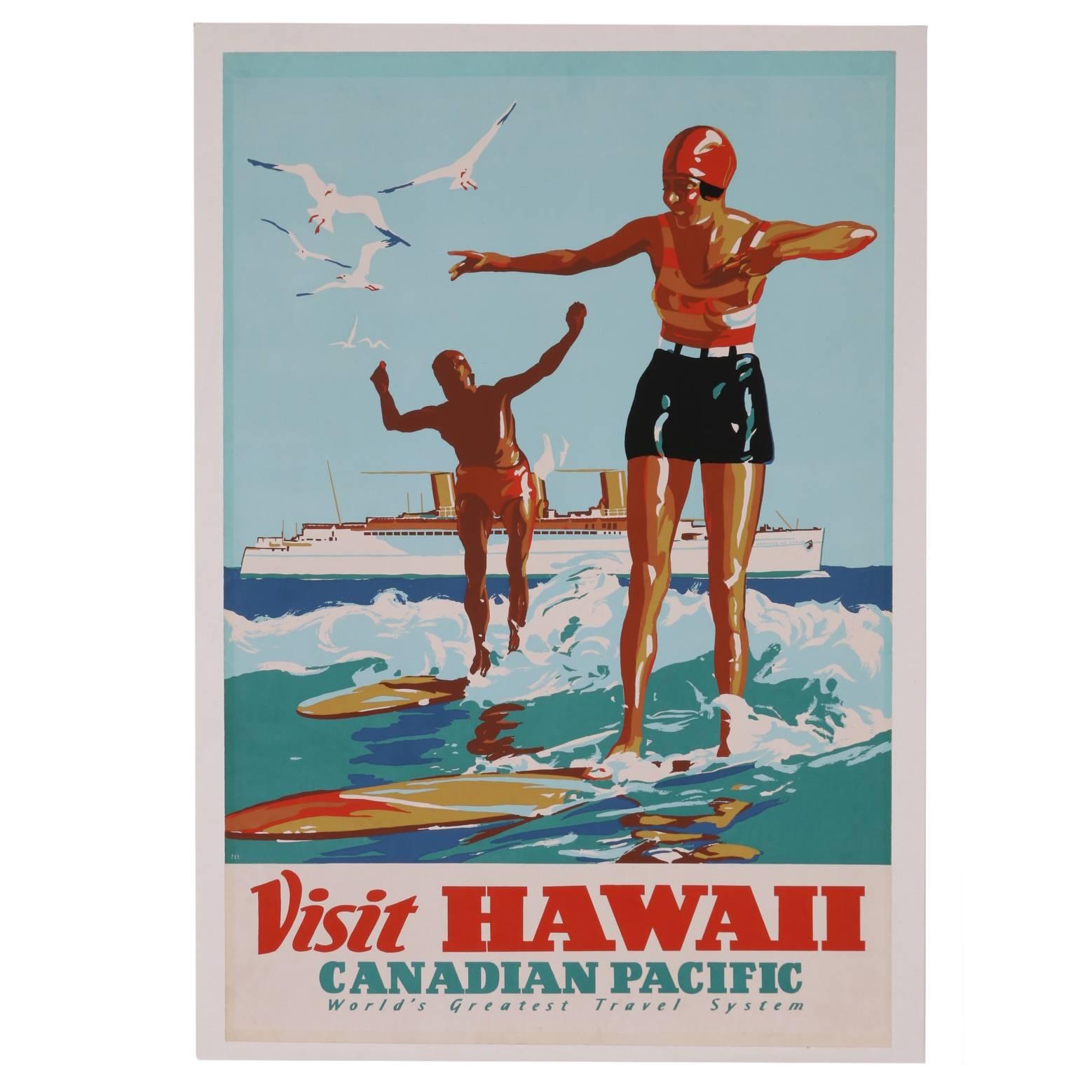 Hawaii Surf Travel Poster, Canadian Pacific, 1930s For Sale